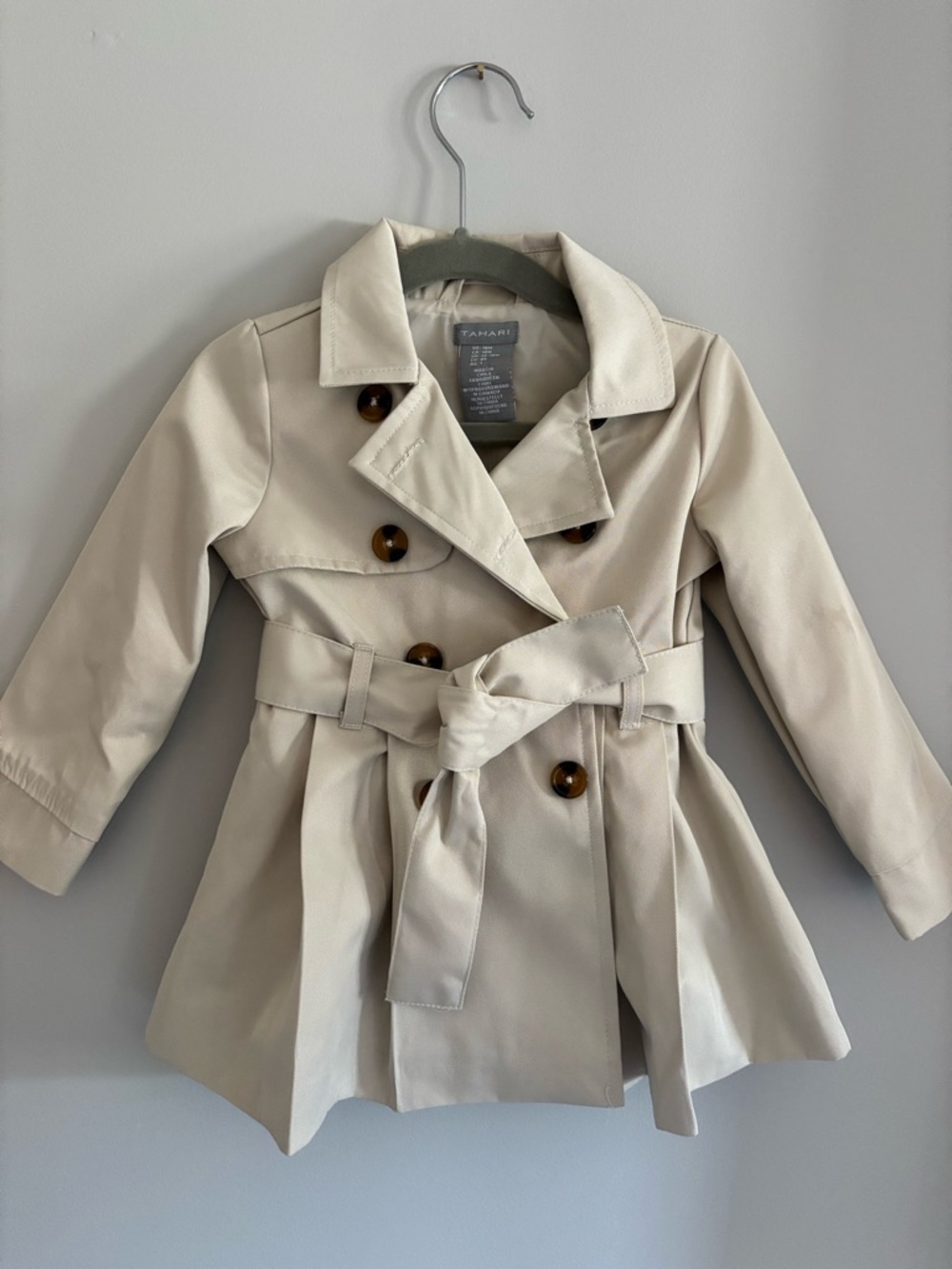 Tahari Girls' Cream Double-Breasted Pea Coat with Belt 18 Months